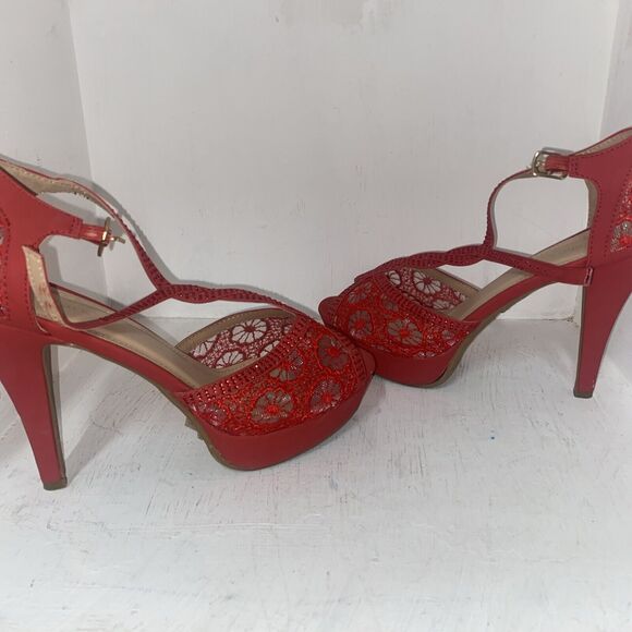 Lov Mark High Heels Womens Red Glitter Platform Ankle Strap Sandal Sz 8 - Picture 6 of 8
